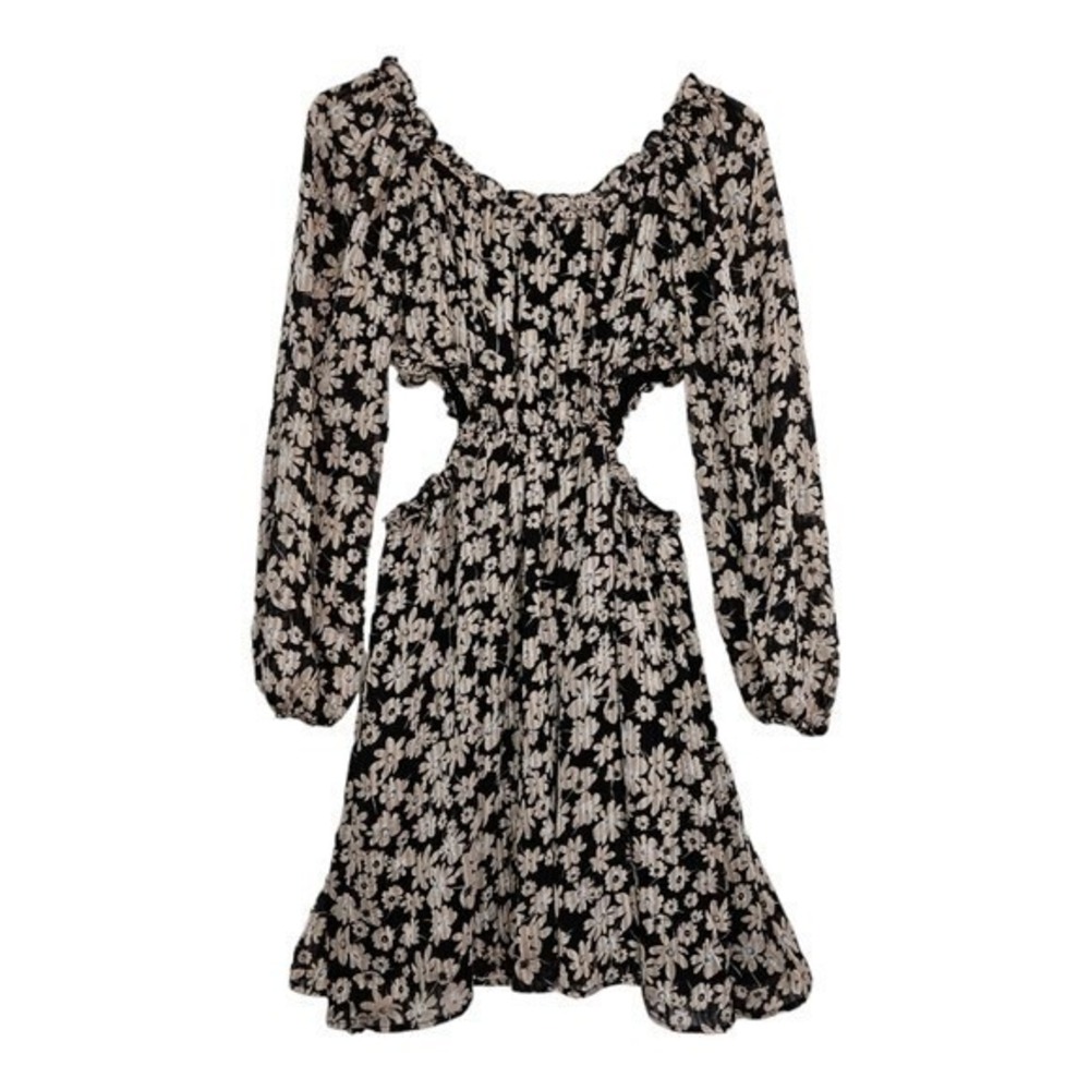 ASTR The Label Womens Black Floral Mini Dress Medium Side Cutouts Boho Romantic‎ - Picture 8 of 13
